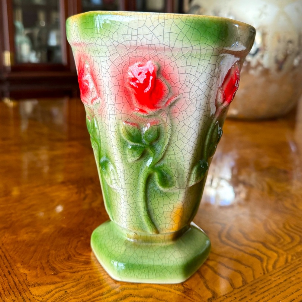 Vintage Embossed Rose Crackle Vase/Planter by Bloom Rite -MCM - Circa 1950s